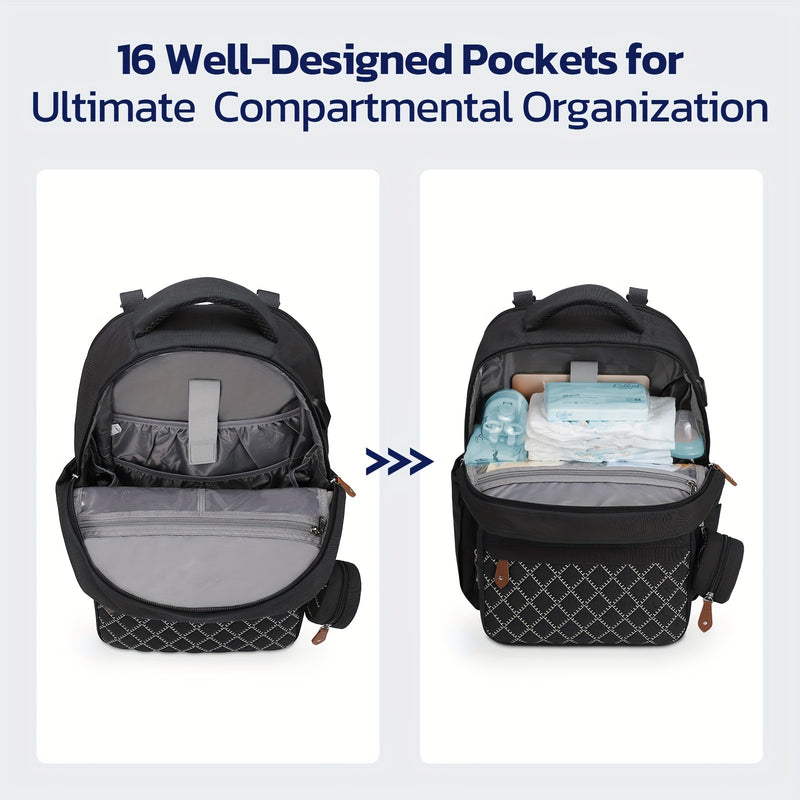 7.66gal-11.89gal Expandable High Quality Diaper Backpack for 2 Kids/Twins - TSA-Approved Large Baby Bag with Removable Crossbody Bottle Bag, Multiple Compartments & Padded Straps, Stylish Black Polyester Gift for Moms & Dads,