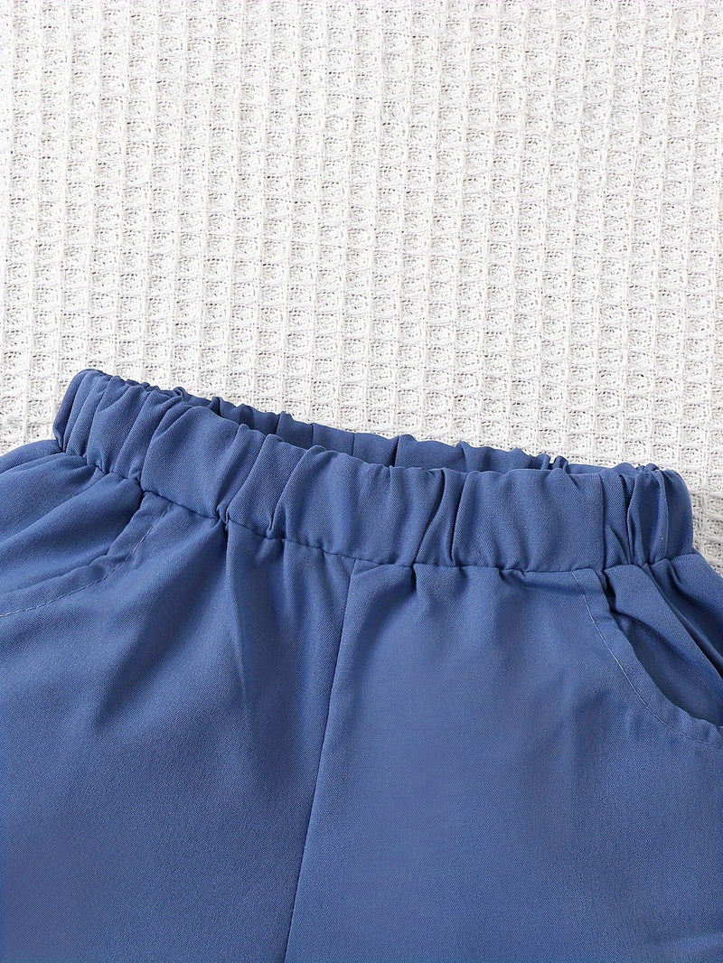 2pcs Infant & Toddler's Vertical Stripe Pattern Summer Outfit, Short Sleeve Shirt & Casual Shorts, Baby Boy's Clothes