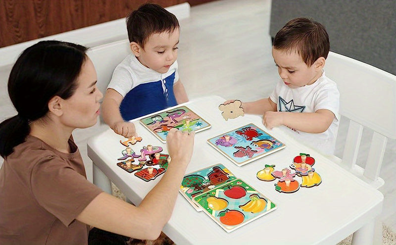 4pcs Wooden Toddler Puzzles, Funsland Peg Puzzles Gifts Toys, Animal Patterns Jigsaw with Handles, Infant Kid Fine Motor Skill Learning Educational Puzzles for 1 2 3 Years Old