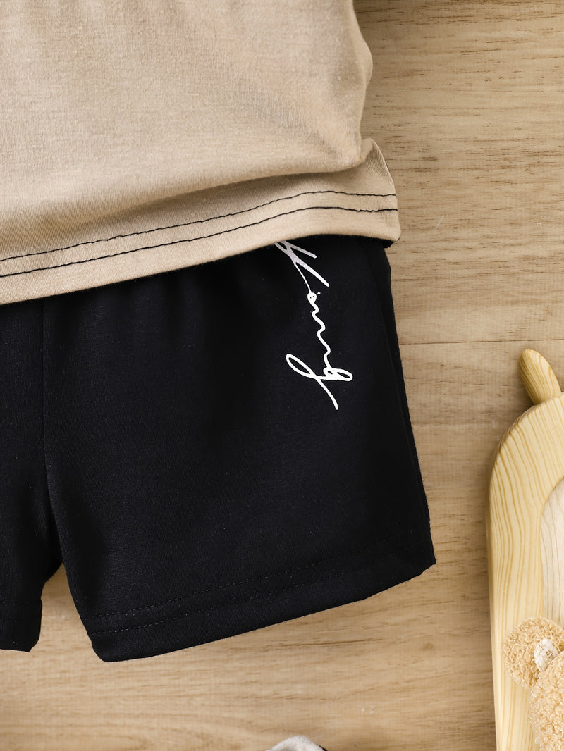 2pcs Infant & Toddler's Letter Print Casual Outfit, Color Clash T-shirt & Elastic Waist Shorts, Baby Boy's Clothes