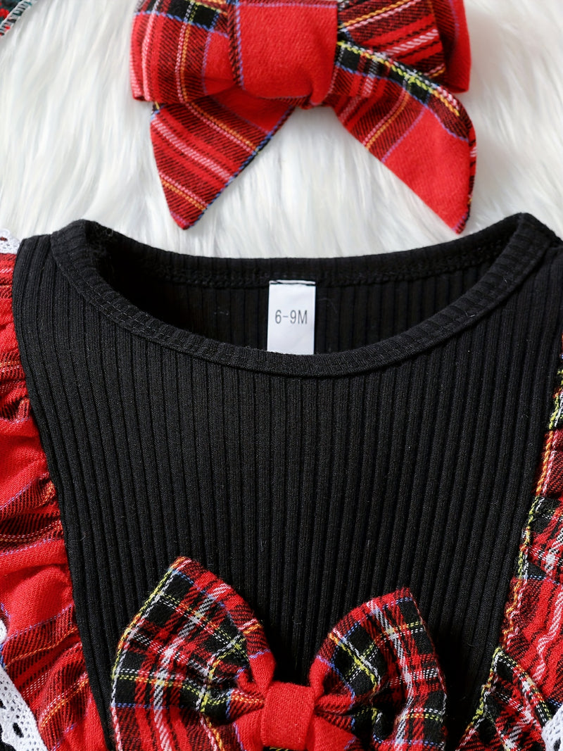 Adorable Princess Dress - Long Sleeve, Lattice Print, Bow Tie, Christmas Themed, Cute and Festive Outfit for Infant Girls