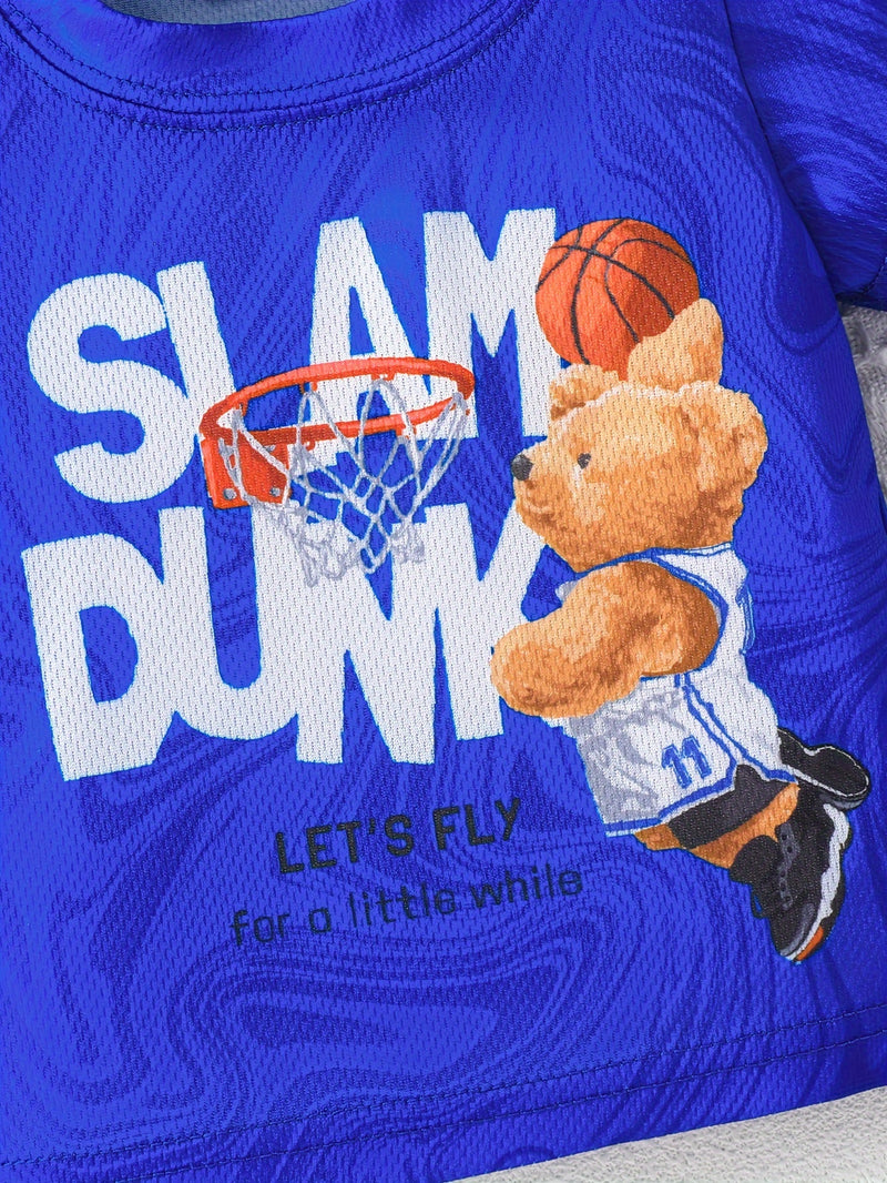 2pcs Cartoon Bear Basketball Player Print Sporty Style Outfit For Infant & Toddler, T-shirt & Elastic Waist Shorts, Baby Boy's Clothes