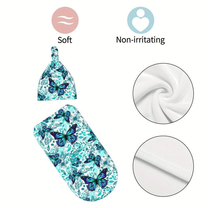 Butterfly Green Flower Newborn Swaddle Blanket Baby Swaddle Blankets Wrap Receiving Soft Stretchy Sack with Beanie Hat Sets Gift for Infant Boy Girl