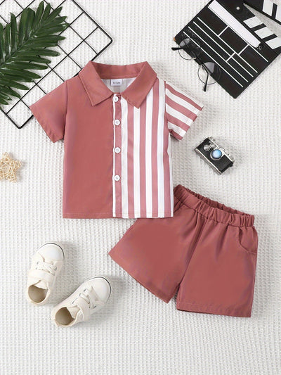 2pcs Infant & Toddler's Vertical Stripe Pattern Summer Outfit, Short Sleeve Shirt & Casual Shorts, Baby Boy's Clothes