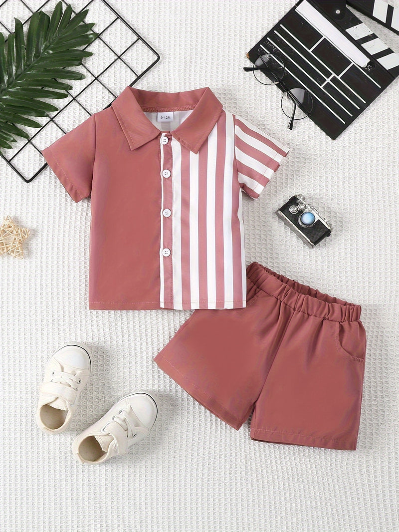 2pcs Infant & Toddler's Vertical Stripe Pattern Summer Outfit, Short Sleeve Shirt & Casual Shorts, Baby Boy's Clothes