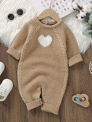 [Infant Brown Jumpsuit] DOVFANNY Infant Brown Jumpsuit with Heart Design - Long Sleeve, Fall/Winter Clothing, Acrylic Material, Cute Style, Regular Fit, Perfect for Crawling and Playing, Fall Winter Clothing | Heart Design Ju