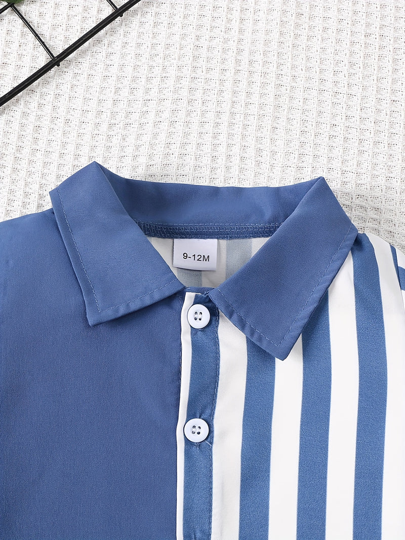 2pcs Infant & Toddler's Vertical Stripe Pattern Summer Outfit, Short Sleeve Shirt & Casual Shorts, Baby Boy's Clothes