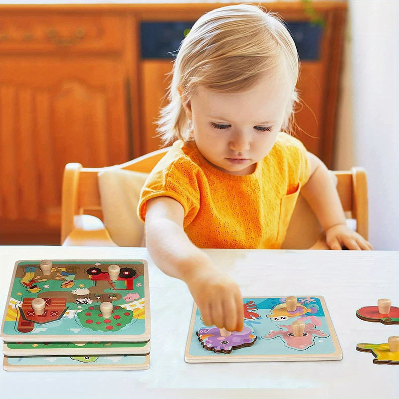 4pcs Wooden Toddler Puzzles, Funsland Peg Puzzles Gifts Toys, Animal Patterns Jigsaw with Handles, Infant Kid Fine Motor Skill Learning Educational Puzzles for 1 2 3 Years Old