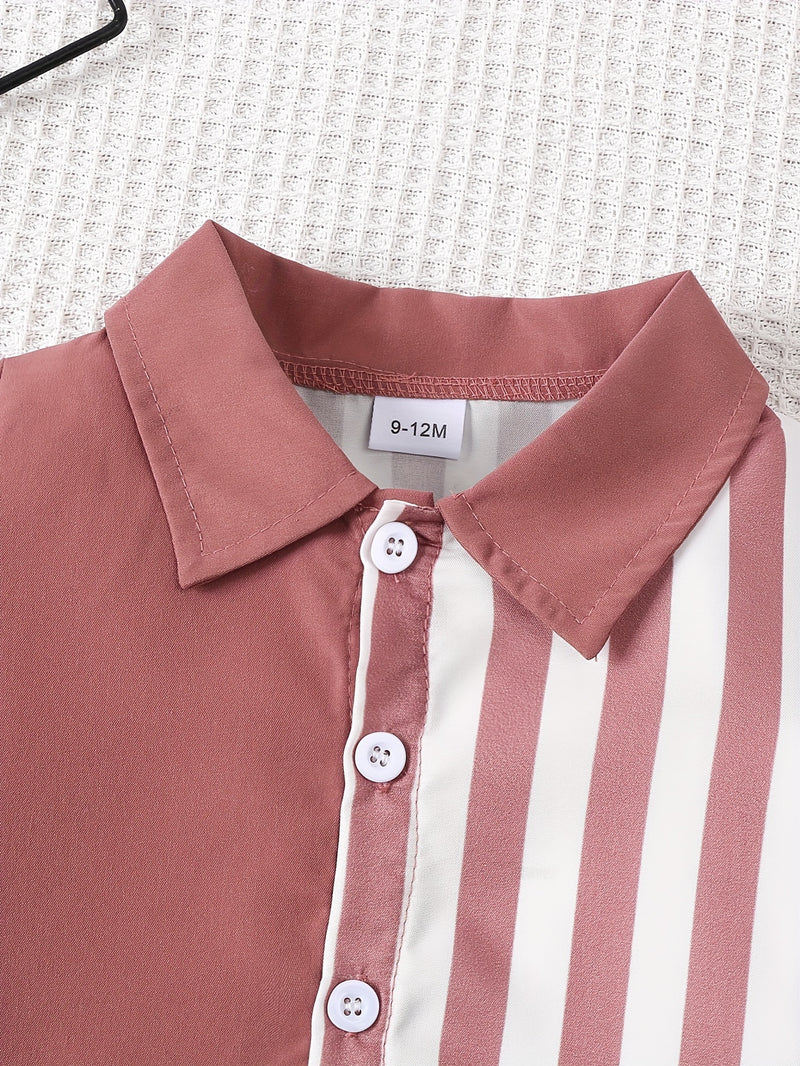 2pcs Infant & Toddler's Vertical Stripe Pattern Summer Outfit, Short Sleeve Shirt & Casual Shorts, Baby Boy's Clothes