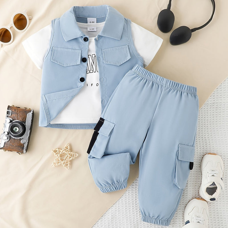 3pcs Infant & Toddler's Street Style Outfit, Casual Vest & Letter Print T-shirt & Cargo Pants, Baby Boy's Clothes
