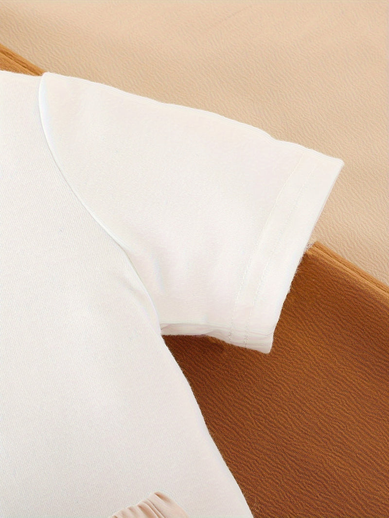 2pcs Infant & Toddler's Letter & Bear Patchwork Summer Set, Color Clash Short Sleeve Shirt & Casual Shorts, Baby Boy's Clothes