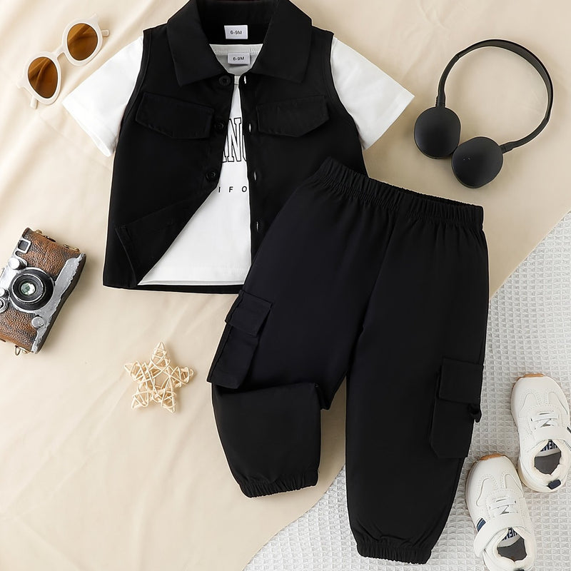 3pcs Infant & Toddler's Street Style Outfit, Casual Vest & Letter Print T-shirt & Cargo Pants, Baby Boy's Clothes