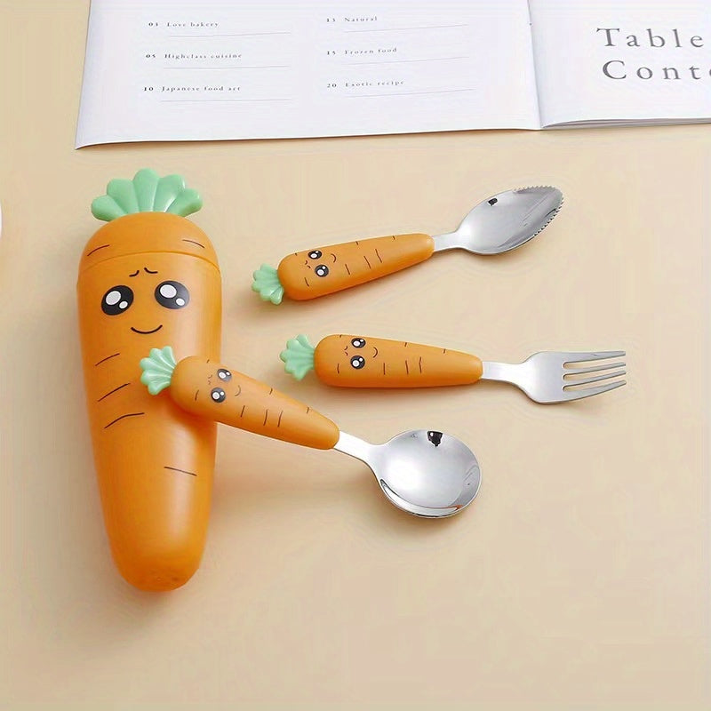 1pc/1set Portable Carrot Tableware, Creative Cartoon Children's Fork Spoon With Handle For Toddlers Kids