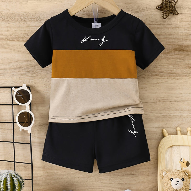 2pcs Infant & Toddler's Letter Print Casual Outfit, Color Clash T-shirt & Elastic Waist Shorts, Baby Boy's Clothes