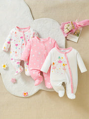 3pcs Baby's Cartoon Dancer Pattern Footed Bodysuits, Pink