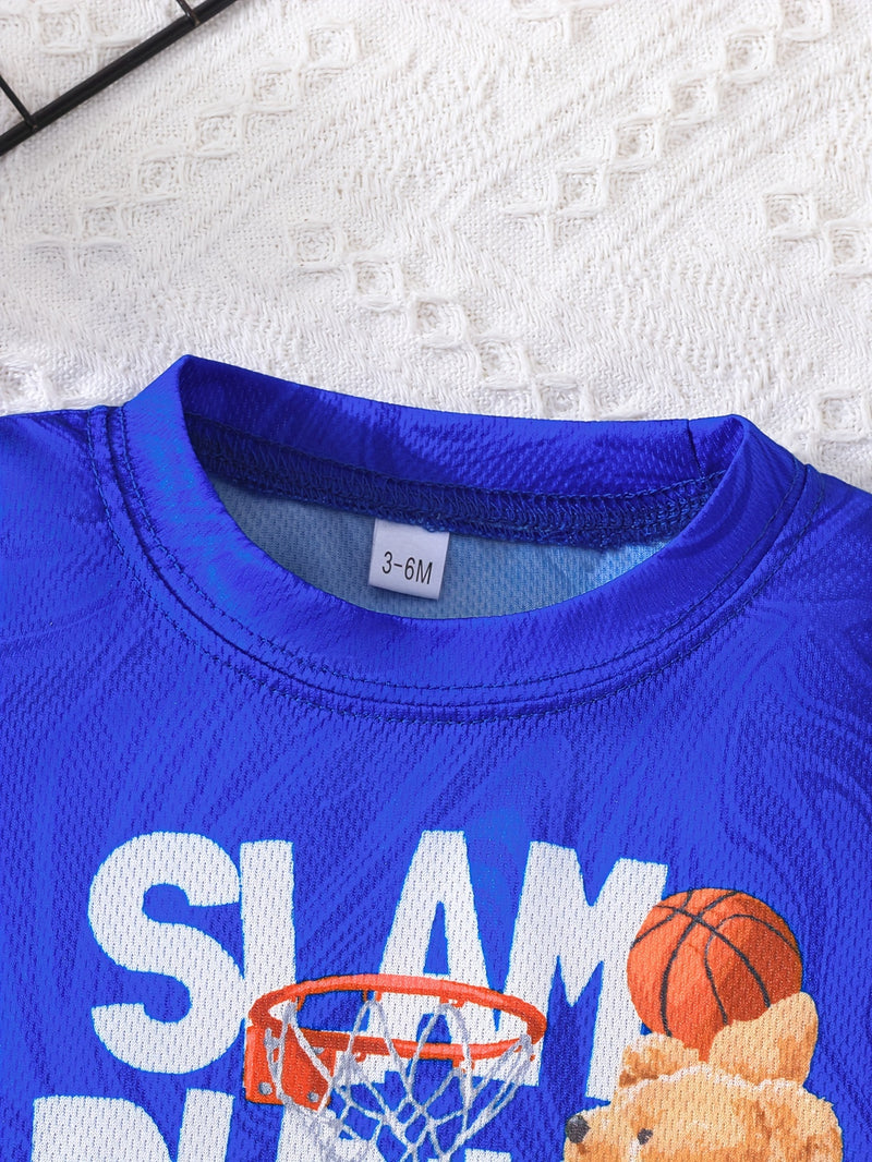 2pcs Cartoon Bear Basketball Player Print Sporty Style Outfit For Infant & Toddler, T-shirt & Elastic Waist Shorts, Baby Boy's Clothes