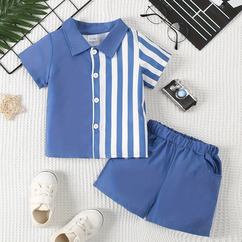 2pcs Infant & Toddler's Vertical Stripe Pattern Summer Outfit, Short Sleeve Shirt & Casual Shorts, Baby Boy's Clothes