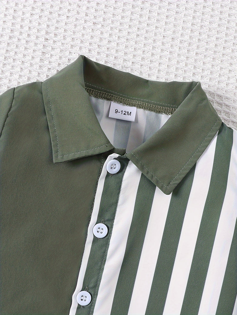 2pcs Infant & Toddler's Vertical Stripe Pattern Summer Outfit, Short Sleeve Shirt & Casual Shorts, Baby Boy's Clothes