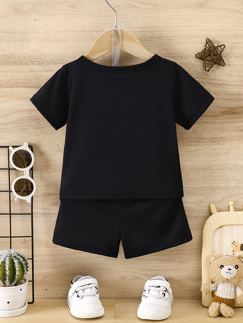 2pcs Infant & Toddler's Letter Print Casual Outfit, Color Clash T-shirt & Elastic Waist Shorts, Baby Boy's Clothes