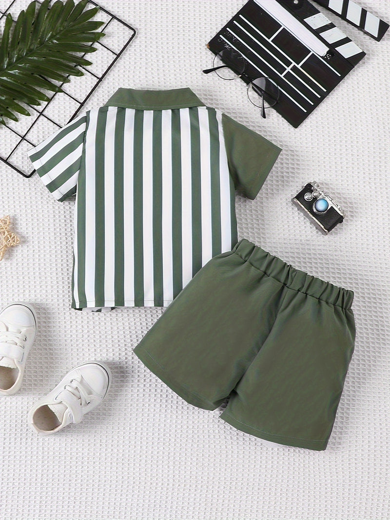 2pcs Infant & Toddler's Vertical Stripe Pattern Summer Outfit, Short Sleeve Shirt & Casual Shorts, Baby Boy's Clothes