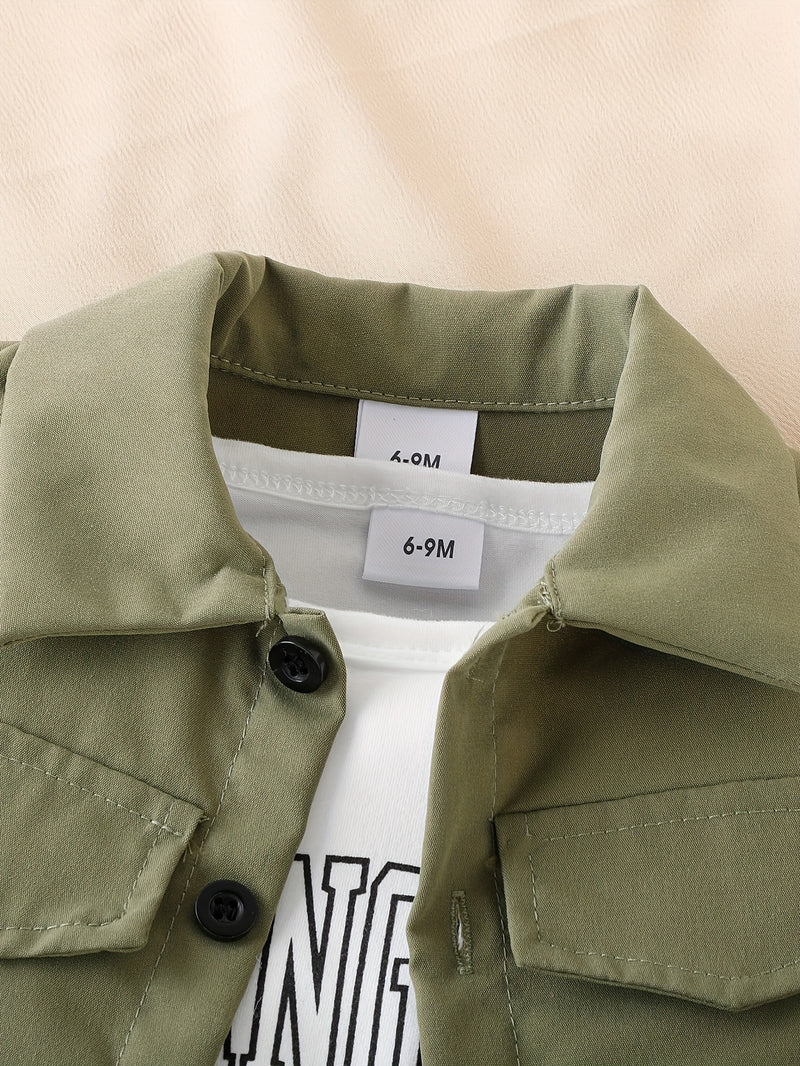 3pcs Infant & Toddler's Street Style Outfit, Casual Vest & Letter Print T-shirt & Cargo Pants, Baby Boy's Clothes