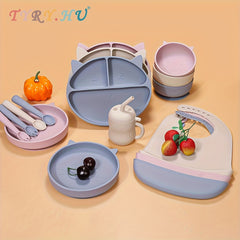 TYRY.HU 1/7pcs Silicone Feeding Set, Baby Cat Design Silicone Tableware, Toddlers Led Weaning Supplies With Suction, Bowl Divided Plate Adjustable Bib, Soft Spoon Fork Water Cup, TYRY.HU Unbreakable Dishes Utensil