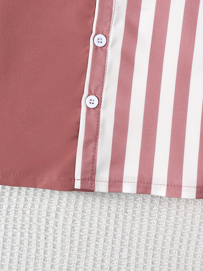 2pcs Infant & Toddler's Vertical Stripe Pattern Summer Outfit, Short Sleeve Shirt & Casual Shorts, Baby Boy's Clothes