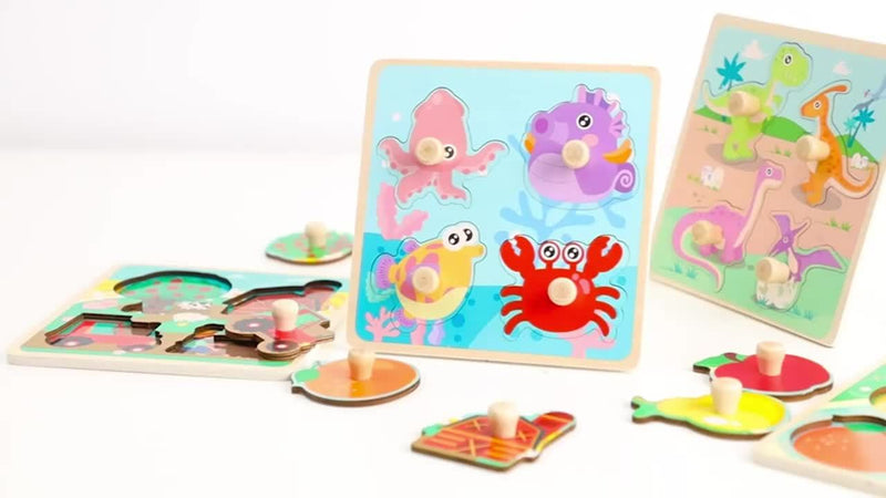 4pcs Wooden Toddler Puzzles, Funsland Peg Puzzles Gifts Toys, Animal Patterns Jigsaw with Handles, Infant Kid Fine Motor Skill Learning Educational Puzzles for 1 2 3 Years Old