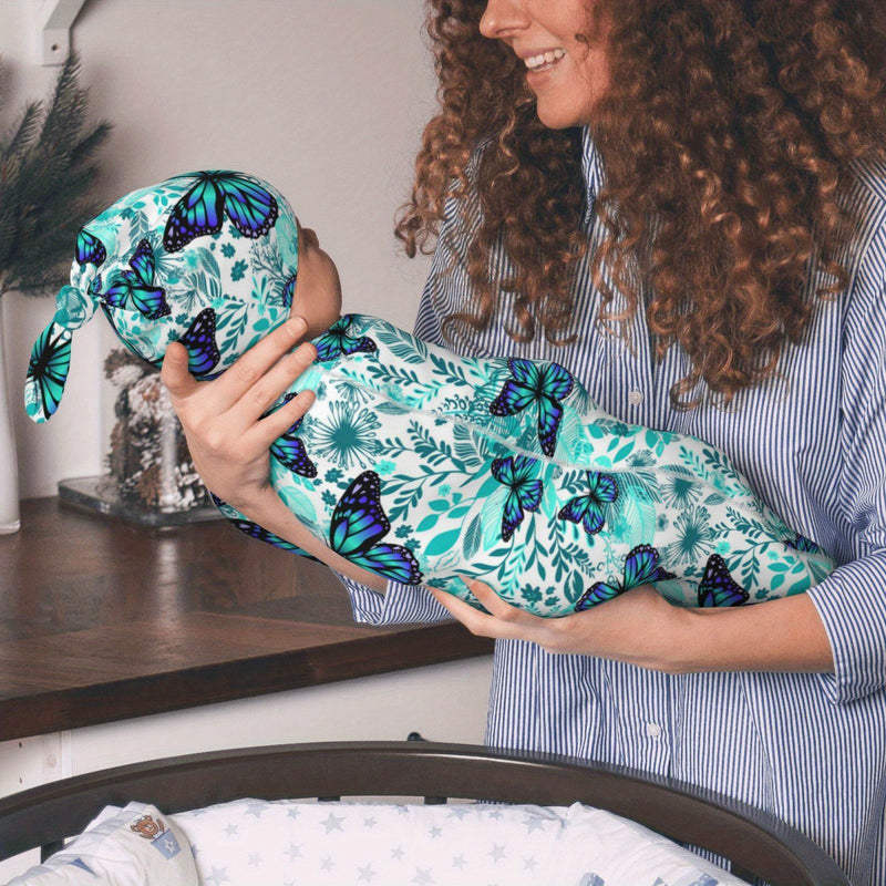 Butterfly Green Flower Newborn Swaddle Blanket Baby Swaddle Blankets Wrap Receiving Soft Stretchy Sack with Beanie Hat Sets Gift for Infant Boy Girl