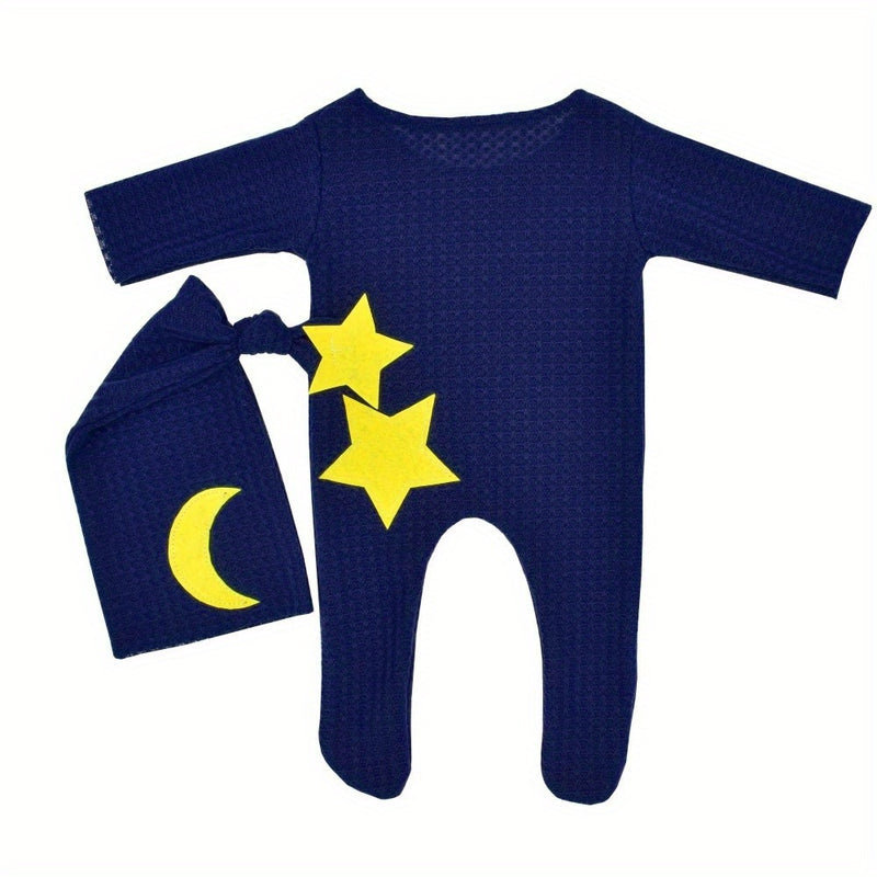 2pcs/Set Newborn Baby Stars and Moon Decoration Knitted Jumpsuit Long Tail Hat Two-piece Suit Photography Props Bodysuit Studio Outfits Clothing