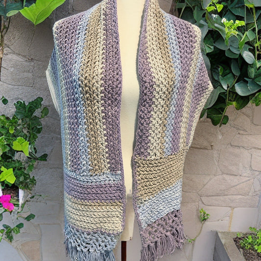 Scarf, Wide, Crocheted, Lavender/Tan