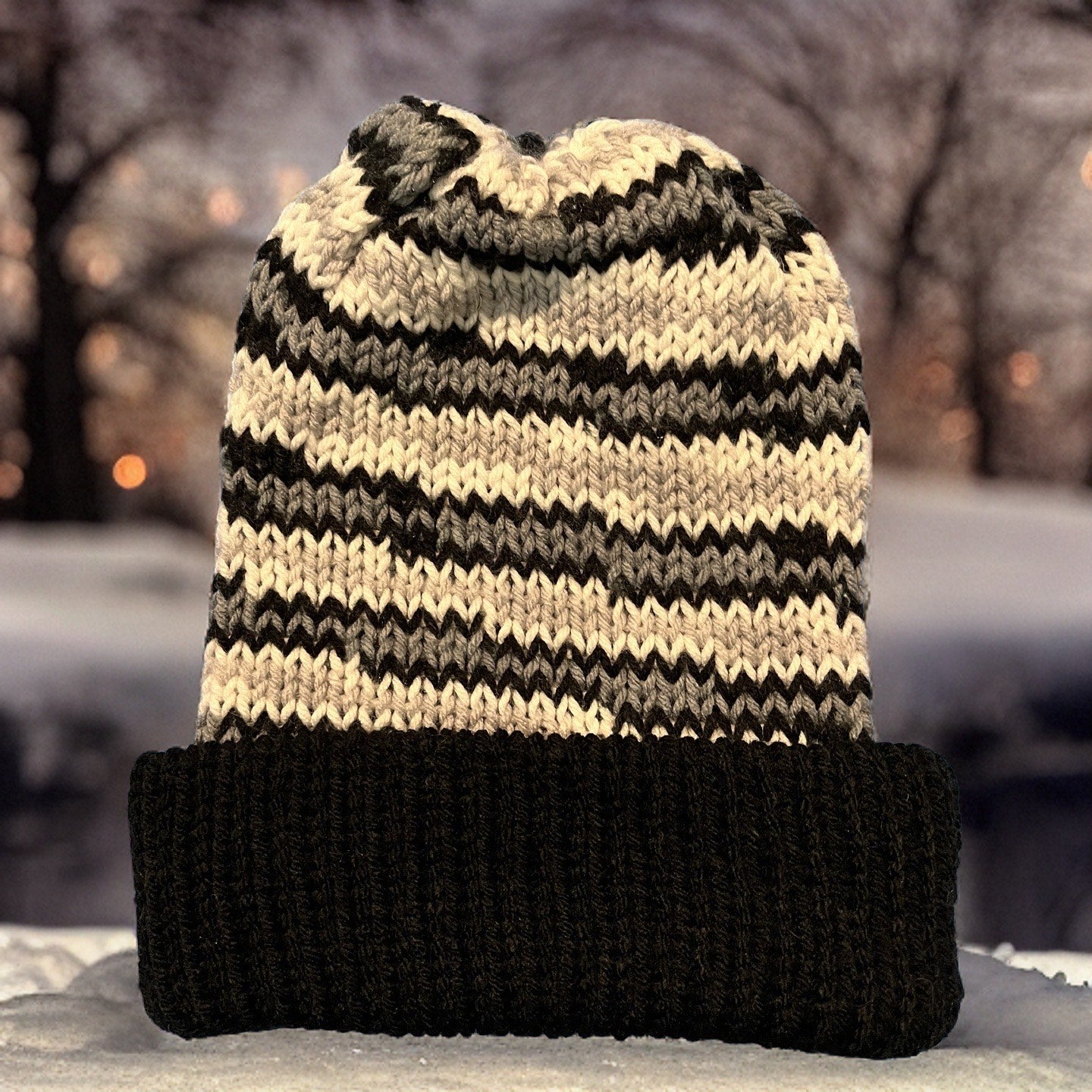 Toboggan, Loom Knit, Adult, Black/Gray Stripe