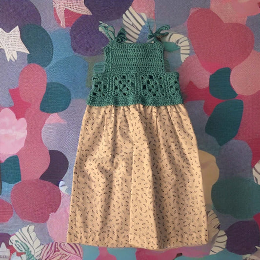 Child's Dress, Crochet/Fabric, Teal and Flowers