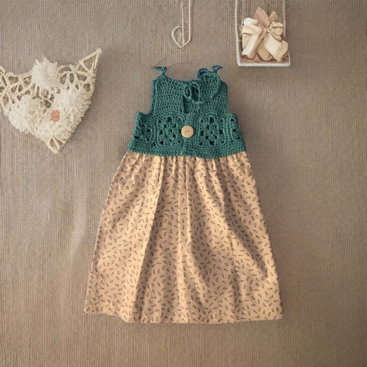 Child's Dress, Crochet/Fabric, Teal and Flowers