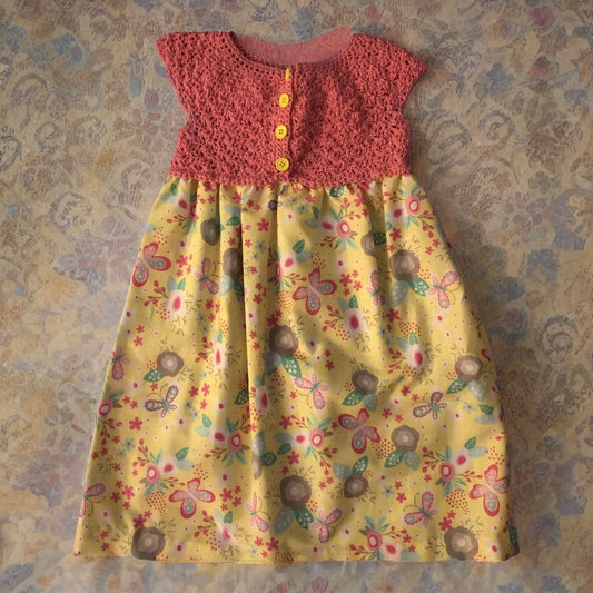 Child's Dress, Crochet/Fabric, Butterflies and Flowers