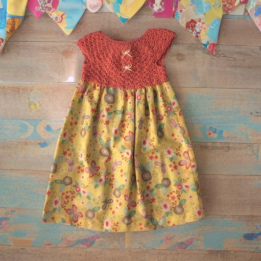 Child's Dress, Crochet/Fabric, Butterflies and Flowers