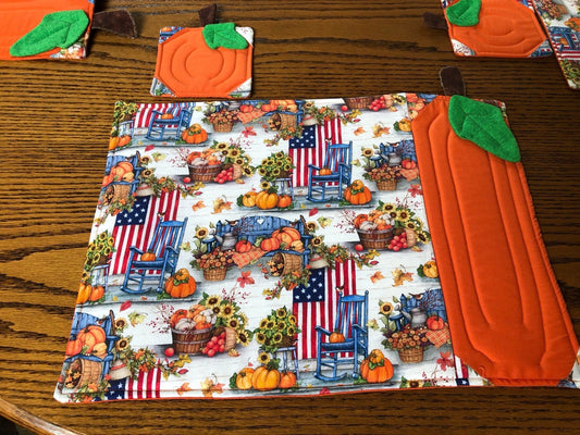 Handmade Placemats, Quilted, Patriotic Pumpkin w/ Coasters