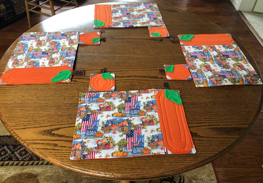 Handmade Placemats, Quilted, Patriotic Pumpkin w/ Coasters